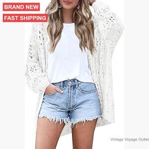Lightweight Crochet Cardigan Long Sleeve Open Front Oversized Sweater